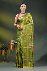 Trendy green parrot bird motif hand embroidered kantha stitch silk saree 6