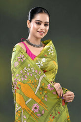 Trendy green parrot bird motif hand embroidered kantha stitch silk saree 2