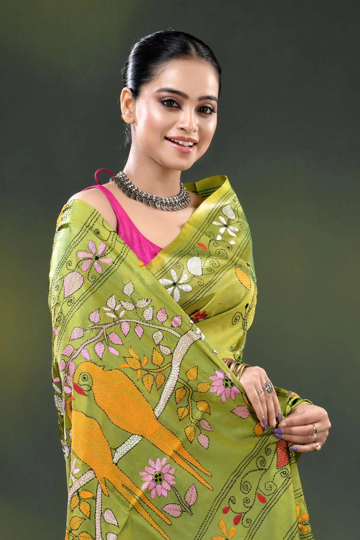 Trendy green parrot bird motif hand embroidered kantha stitch silk saree 2