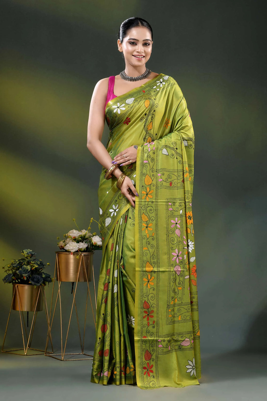 Trendy green parrot bird motif hand embroidered kantha stitch silk saree 1