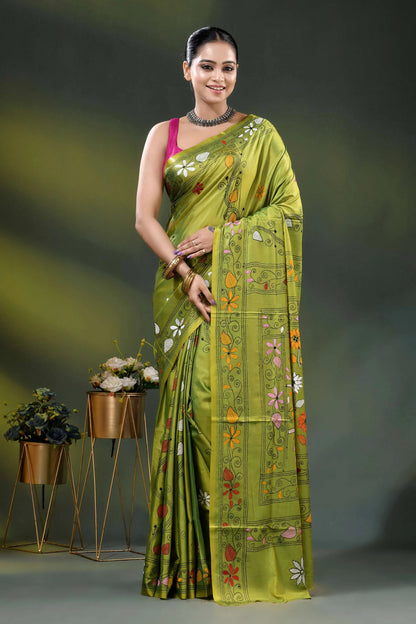 Trendy green parrot bird motif hand embroidered kantha stitch silk saree 1