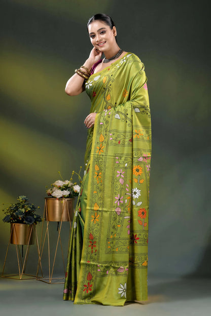 Trendy green parrot bird motif hand embroidered kantha stitch silk saree 3