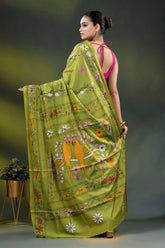 Trendy green parrot bird motif hand embroidered kantha stitch silk saree 5