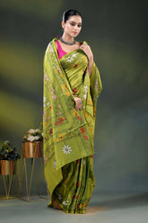 Trendy green parrot bird motif hand embroidered kantha stitch silk saree 4
