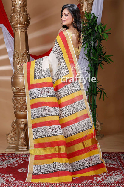Tribal Design White Hand Block Kerala Cotton Saree-Craftyle