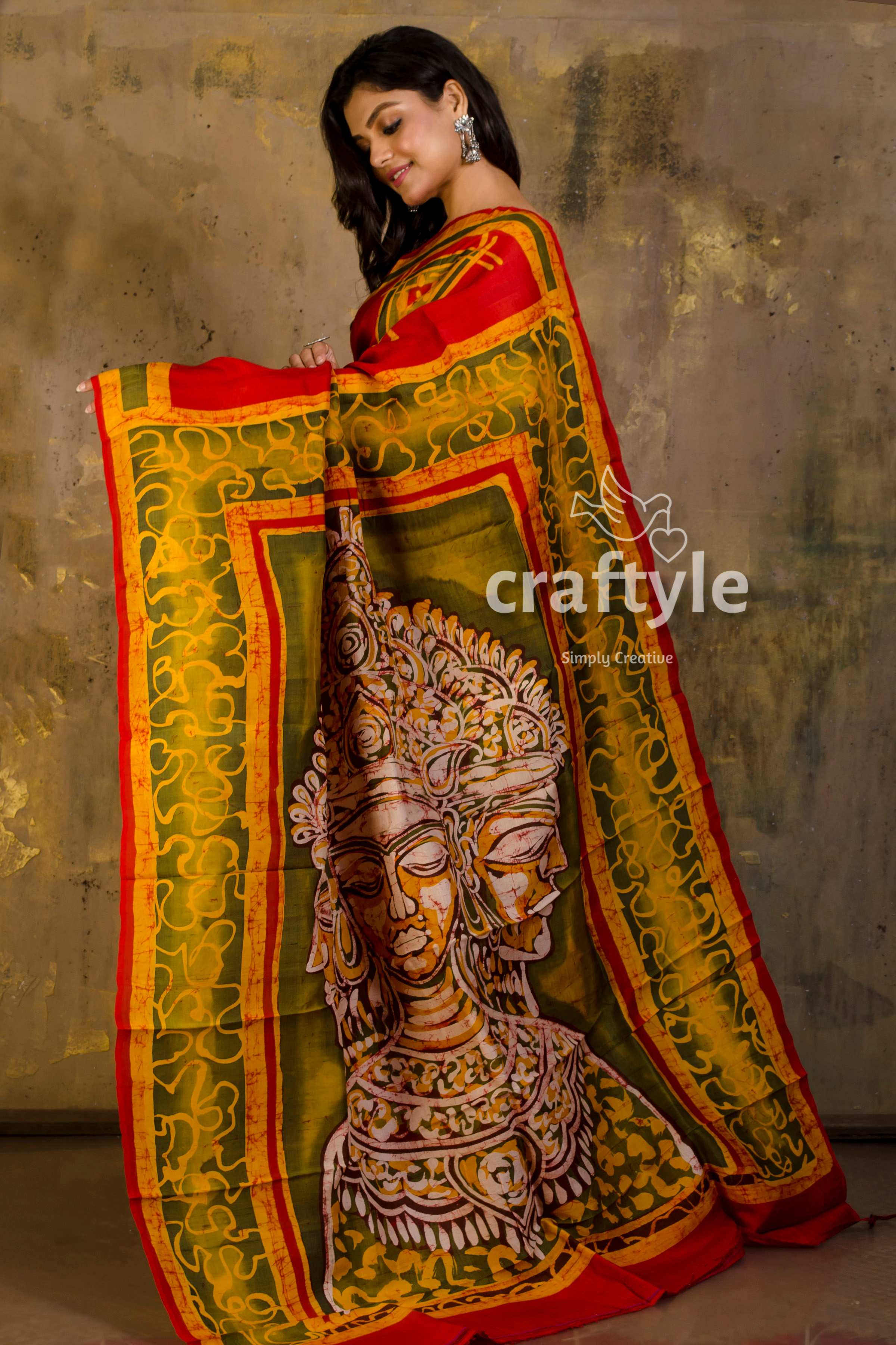 Trimurti Painted Vivid Red Hand Batik Mulberry Pure Silk Saree - Craftyle