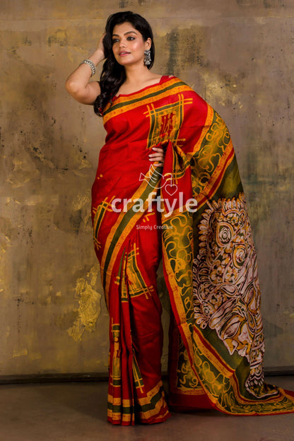 Trimurti Painted Vivid Red Hand Batik Mulberry Pure Silk Saree - Craftyle