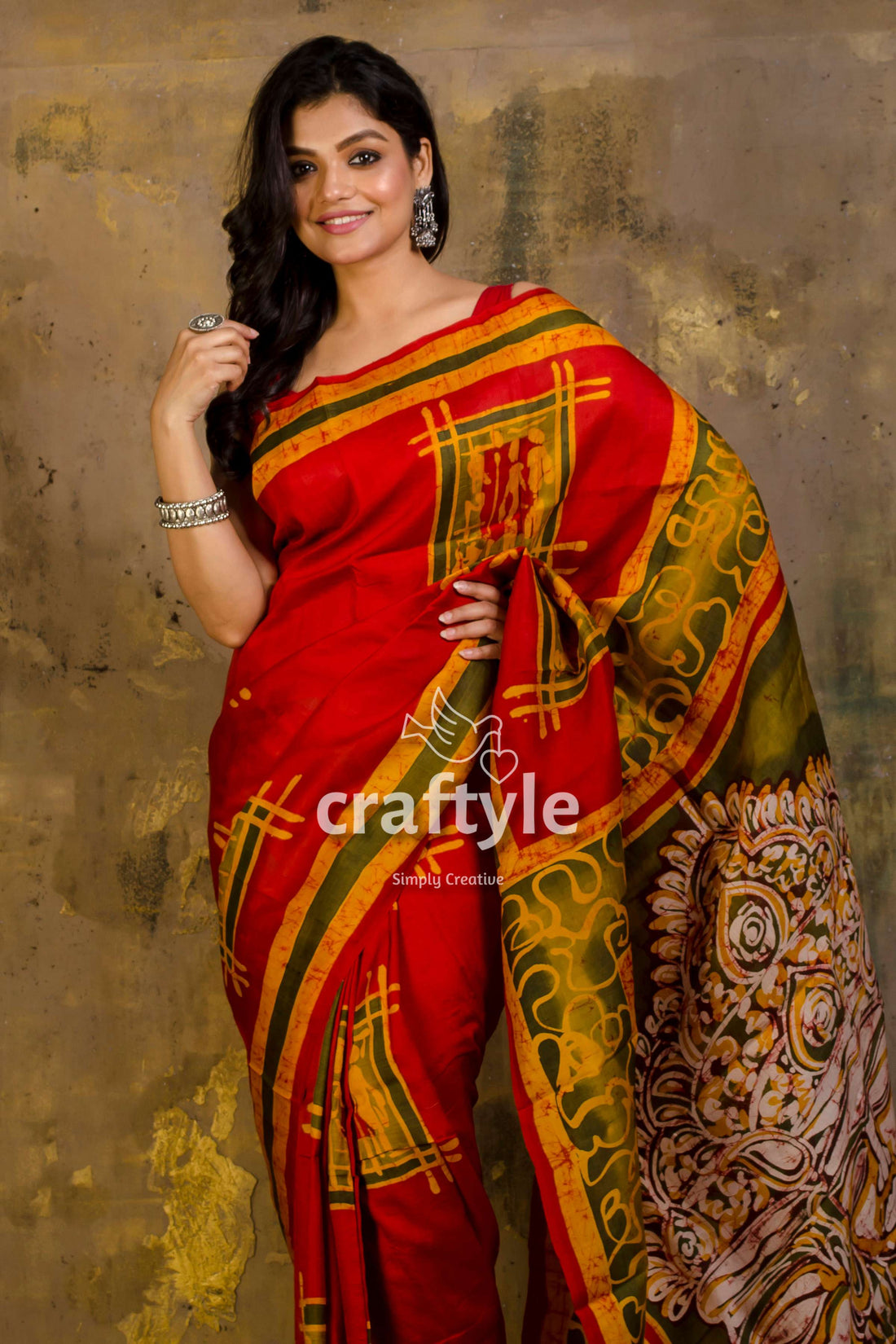 Trimurti Painted Vivid Red Hand Batik Murshidabad Pure Silk Saree-Craftyle
