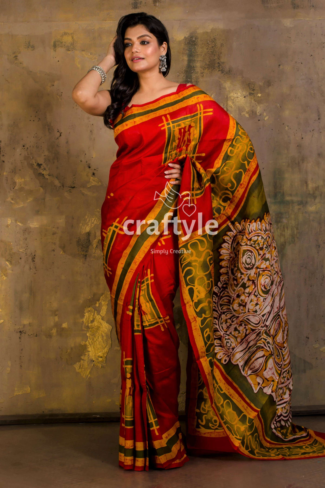 Trimurti Painted Vivid Red Hand Batik Murshidabad Pure Silk Saree-Craftyle
