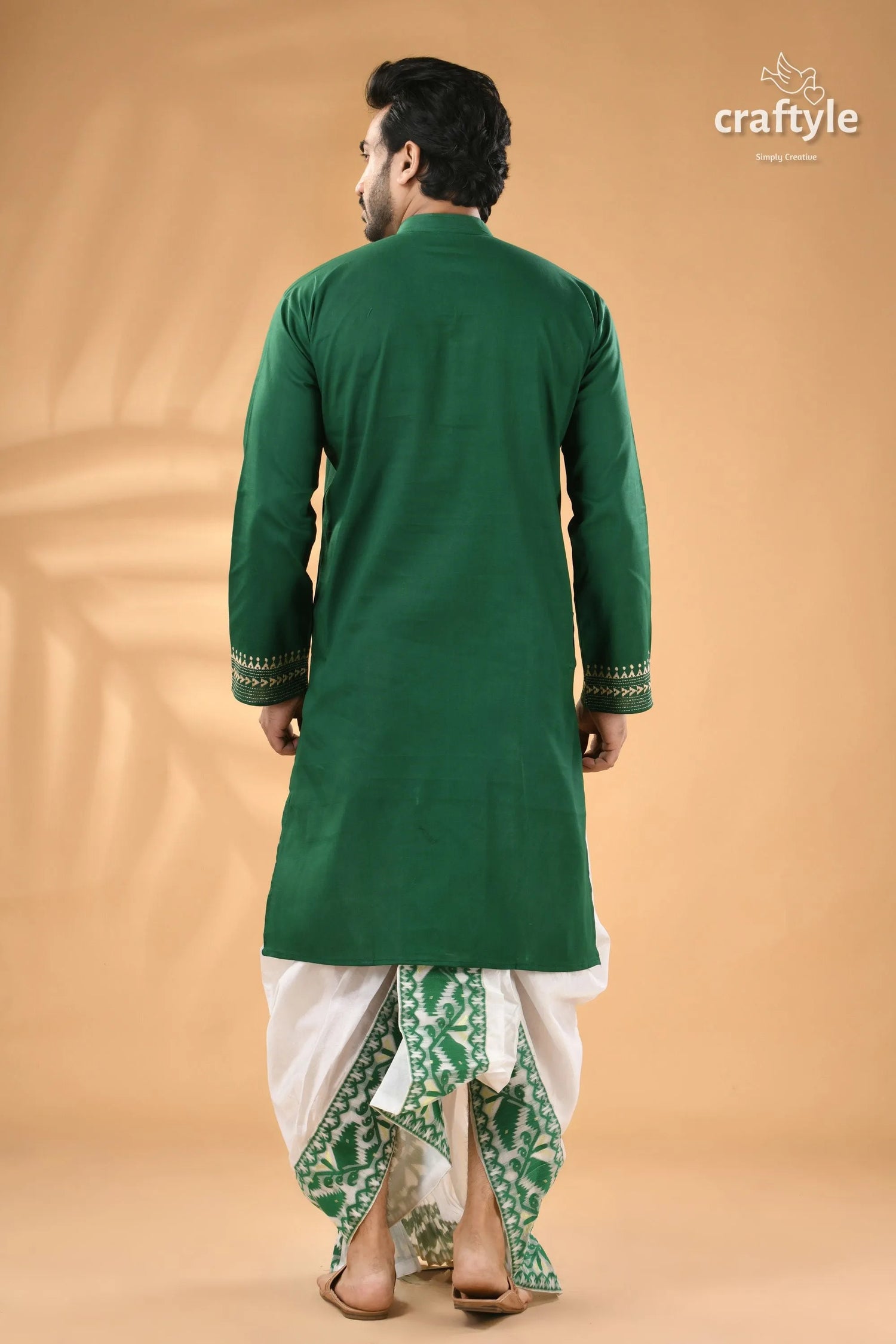 Tropical green cotton mens kurta - hand kantha embroidery men’s white dhoti 6