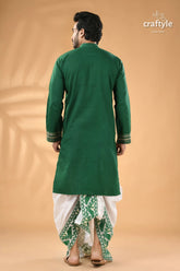 Tropical green cotton mens kurta - hand kantha embroidery men’s white dhoti 6