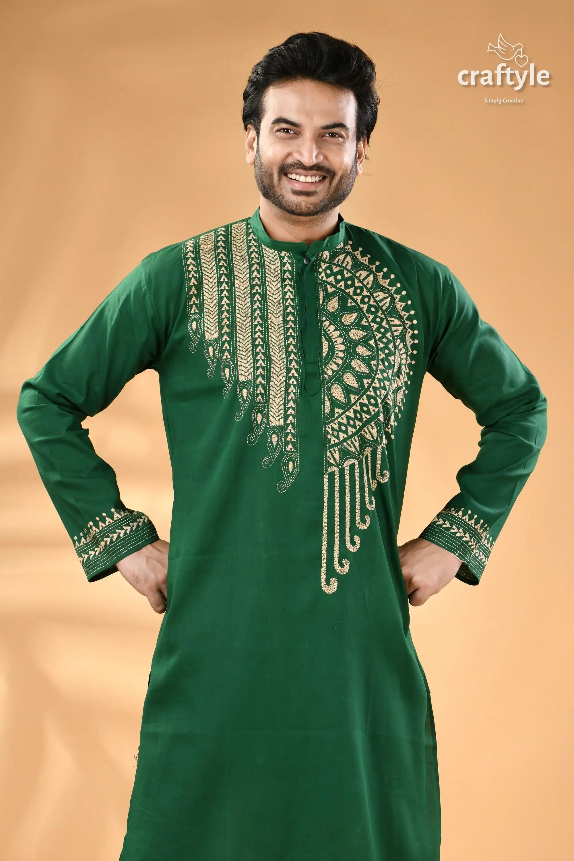 Tropical green cotton mens kurta hand kantha embroidery men’s emerald green embroidered long sleeve 2