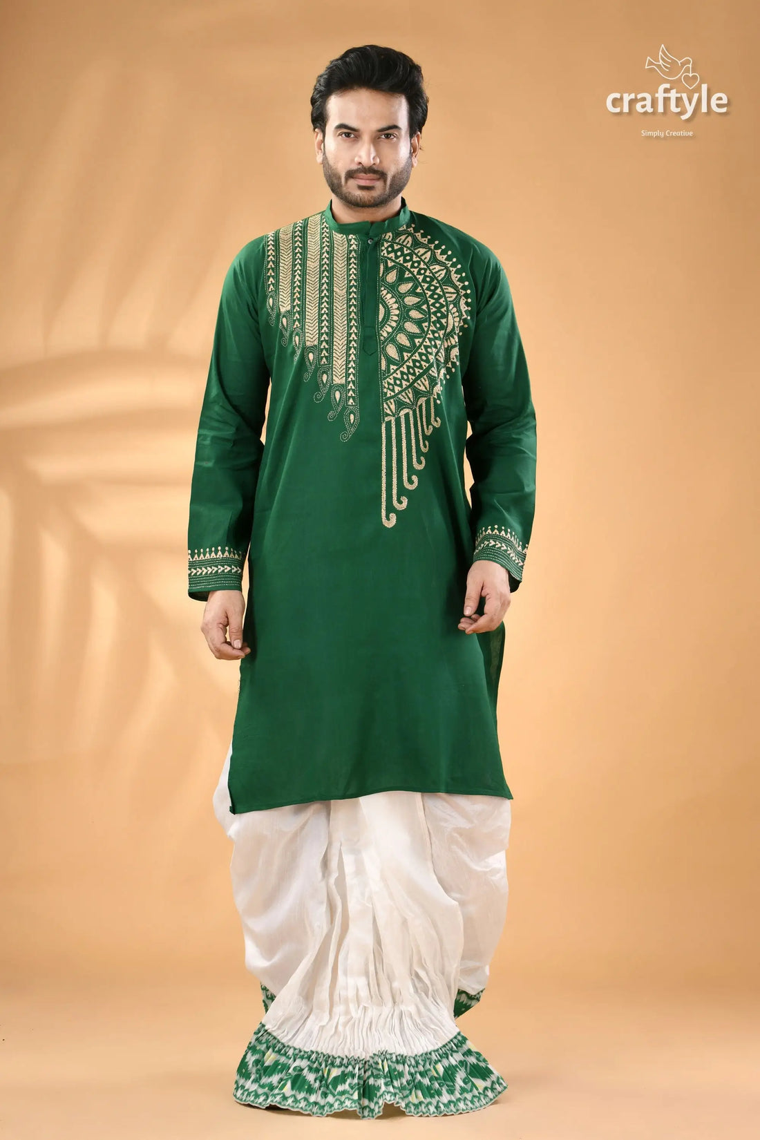 Tropical green cotton mens kurta hand kantha embroidery men’s dark green embroidered kurta 1