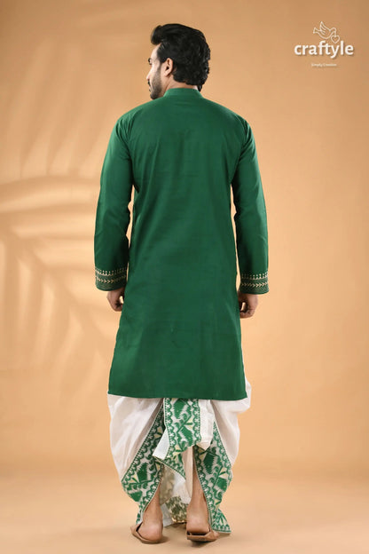 Tropical green cotton mens kurta hand kantha embroidery men’s green kurta white dhoti 6