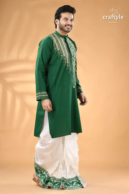 Tropical green cotton mens kurta hand kantha embroidery men’s green embroidered kurta white 4