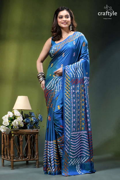 True blue dual-tone gujrati stitch silk saree with mirror detailing vibrant blue silk saree intricate 7