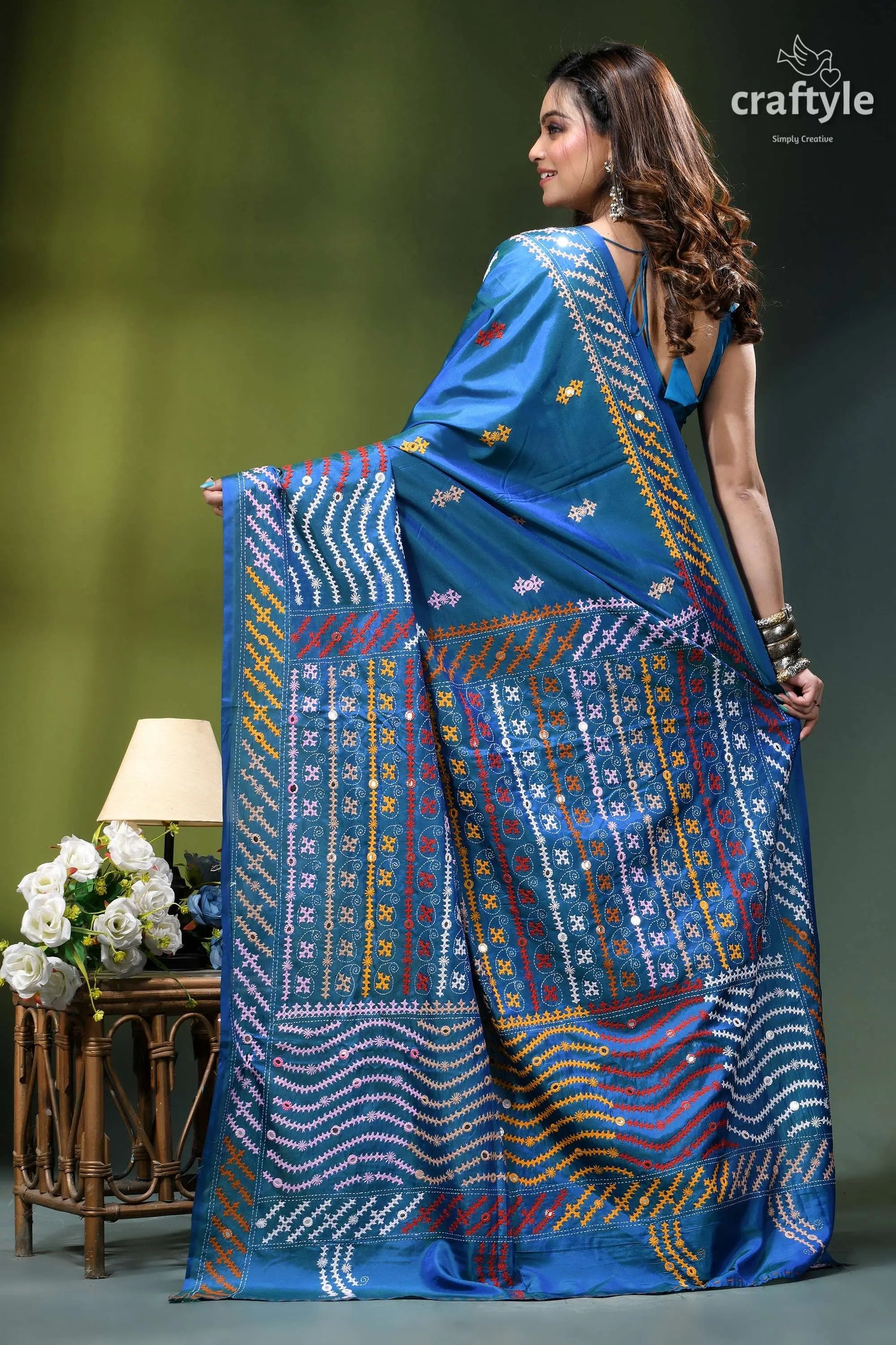 True blue dual-tone gujrati stitch silk saree with mirror detailing vibrant blue silk saree adorned 6