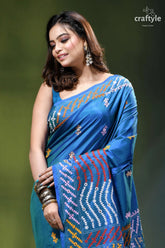 True blue dual-tone gujrati stitch silk saree with mirror detailing vibrant blue saree intricate embroidered 2