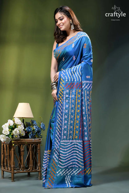 True blue dual-tone gujrati stitch silk saree with mirror detailing woman wears vibrant blue silk 3