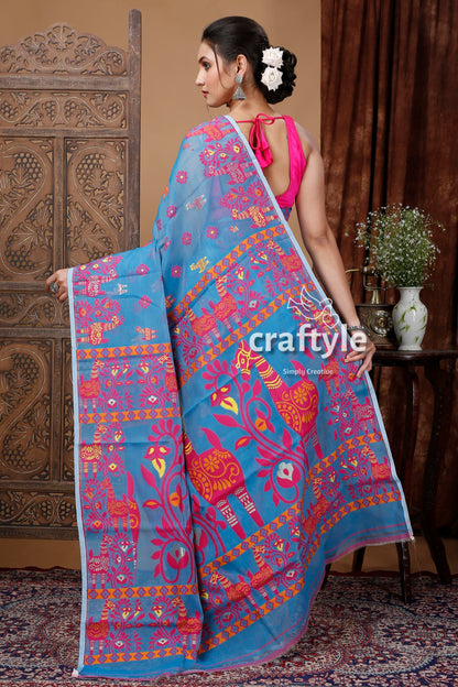 True Blue Red Jamdani Saree - Elegant Blend of Tradition and Grace - Craftyle