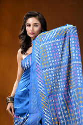Tufts blue ethnic motif hand wax batik kutch embroidery silk saree - mirror work vibrant blue sari adorned intricate 2