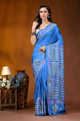Tufts blue ethnic motif hand wax batik kutch embroidery silk saree - mirror work vibrant royal blue saree intricate 1