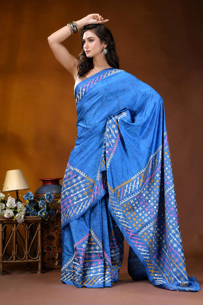 Tufts blue ethnic motif hand wax batik kutch embroidery silk saree - mirror work vibrant royal blue saree adorned 4