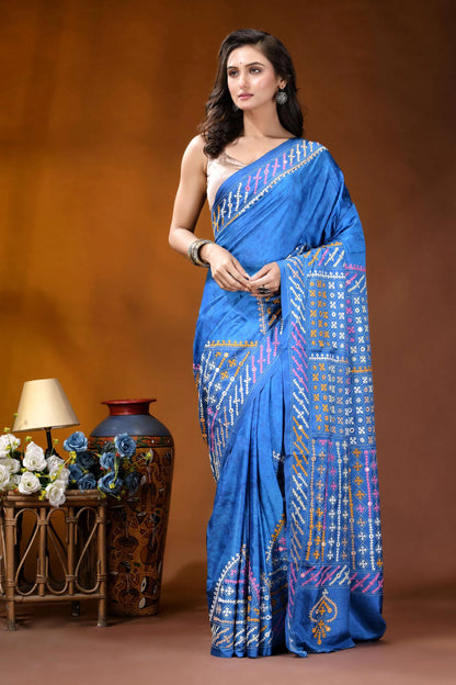 Tufts blue ethnic motif hand wax batik kutch embroidery silk saree - mirror work vibrant royal blue silk saree 6