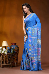 Tufts blue ethnic motif hand wax batik kutch embroidery silk saree - mirror work vibrant royal blue silk saree 3