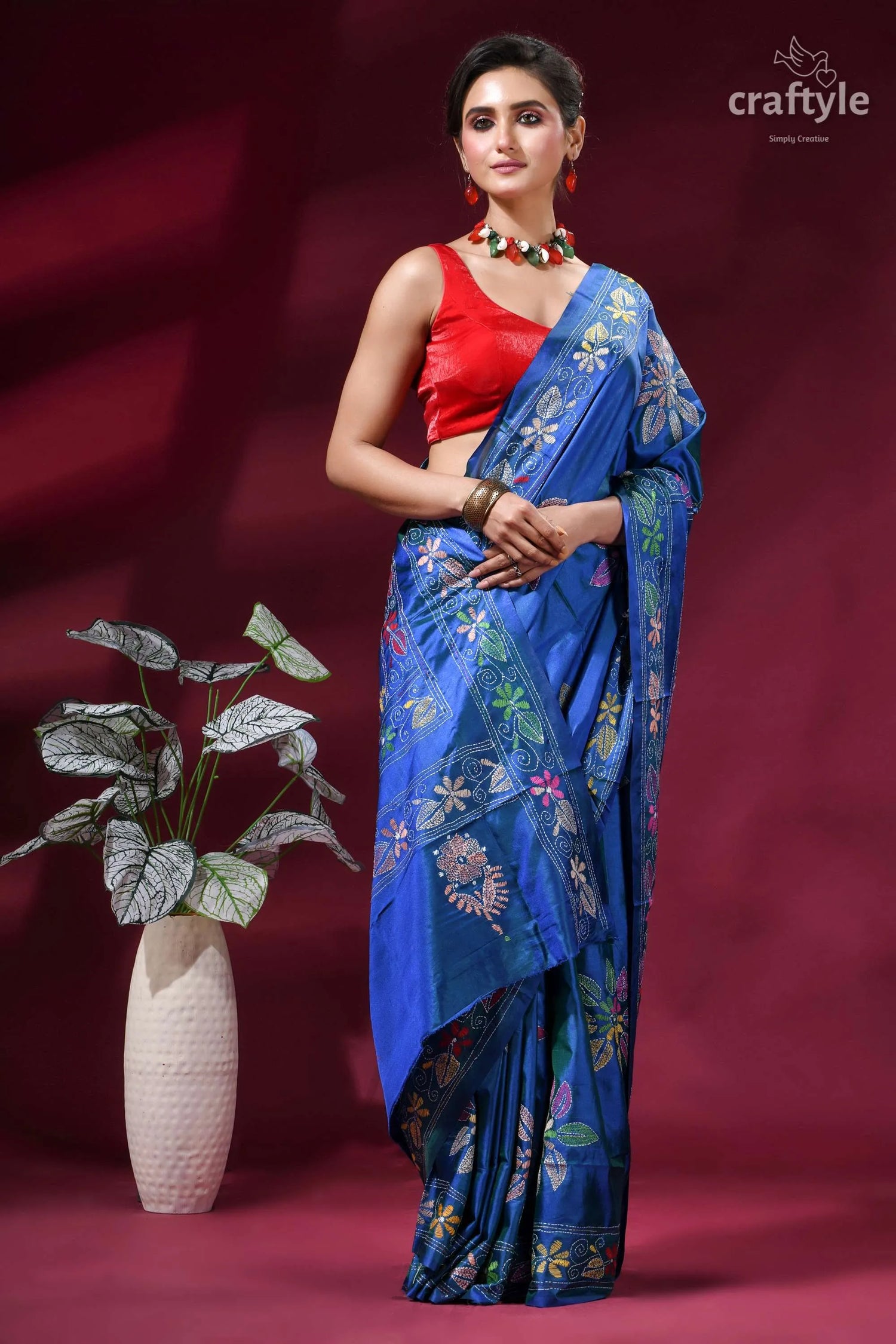 Tufts blue flower design handcrafted kantha stitch silk saree vibrant blue silk saree intricate 5
