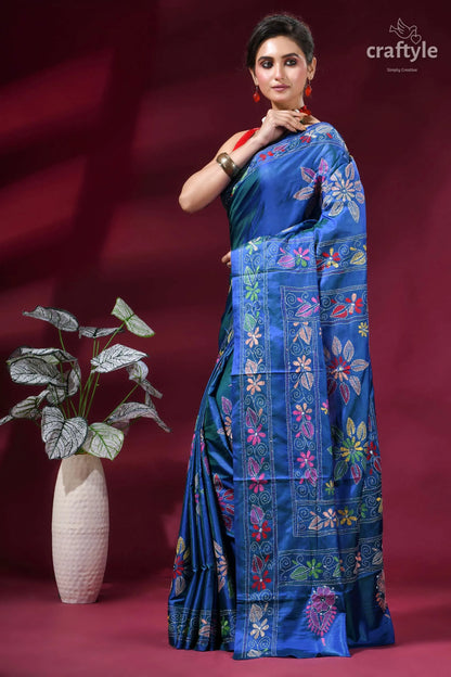 Tufts blue flower design handcrafted kantha stitch silk saree vibrant blue silk saree adorned 3