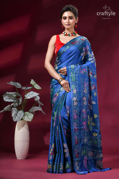 Tufts blue flower design handcrafted kantha stitch silk saree vibrant royal blue silk saree 1