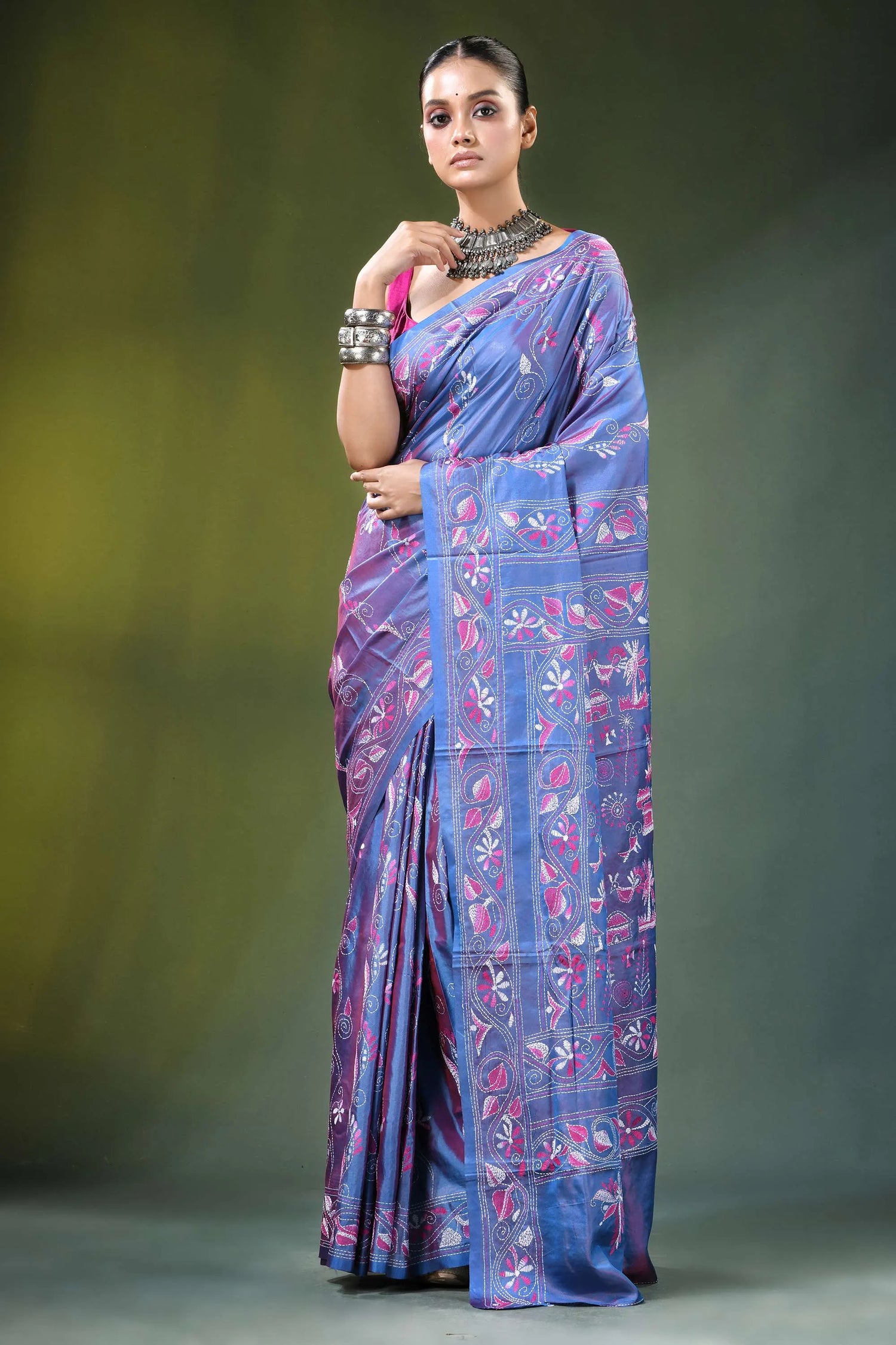 Tufts blue folk art handmade silk kantha work saree woman wears vibrant purple 6