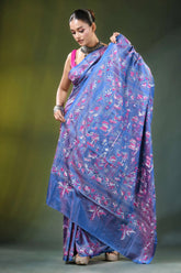 Tufts blue folk art handmade silk kantha work saree woman wears vibrant 4