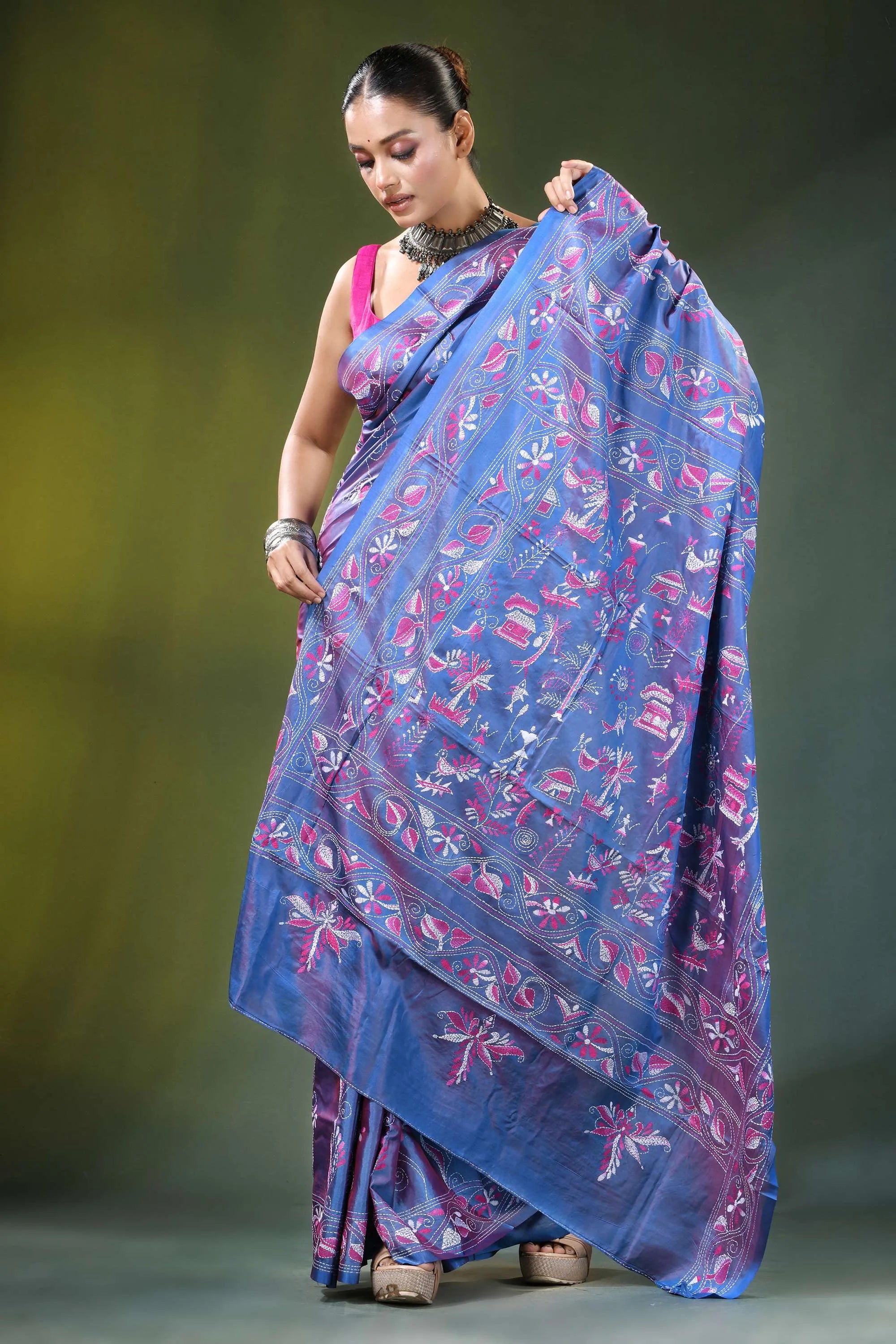Tufts blue folk art handmade silk kantha work saree woman wears vibrant 4