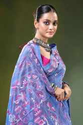 Tufts blue folk art handmade silk kantha work saree woman wears pink patterned 2