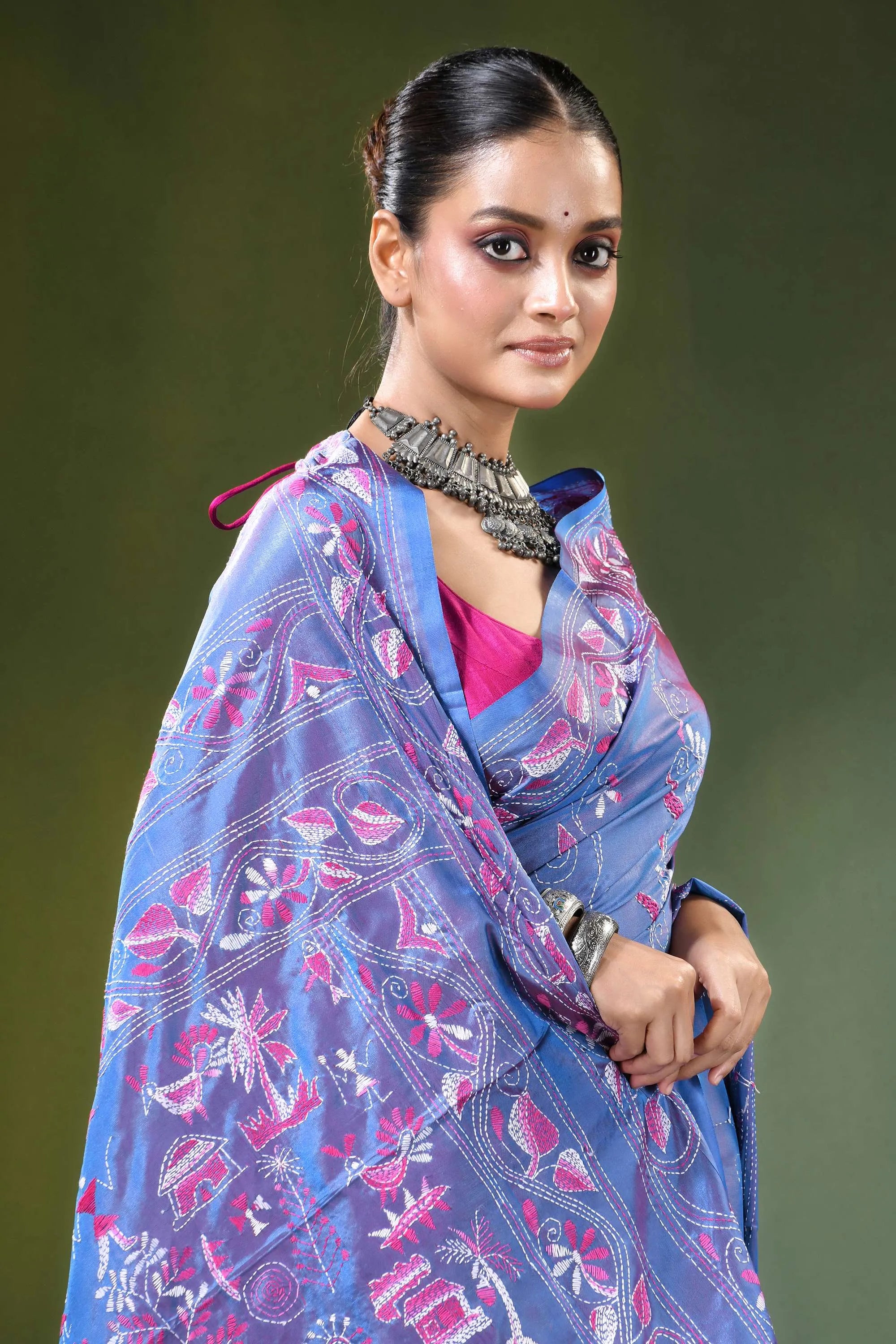 Tufts blue folk art handmade silk kantha work saree woman wears pink patterned 2