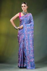 Tufts blue folk art handmade silk kantha work saree woman wears vibrant pink 1