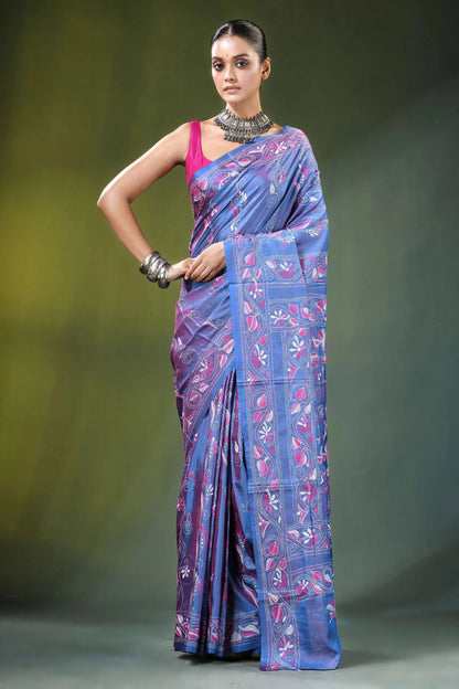 Tufts blue folk art handmade silk kantha work saree woman wears vibrant pink 1