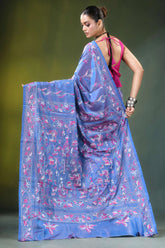 Tufts blue folk art handmade silk kantha work saree vibrant intricate pink 5