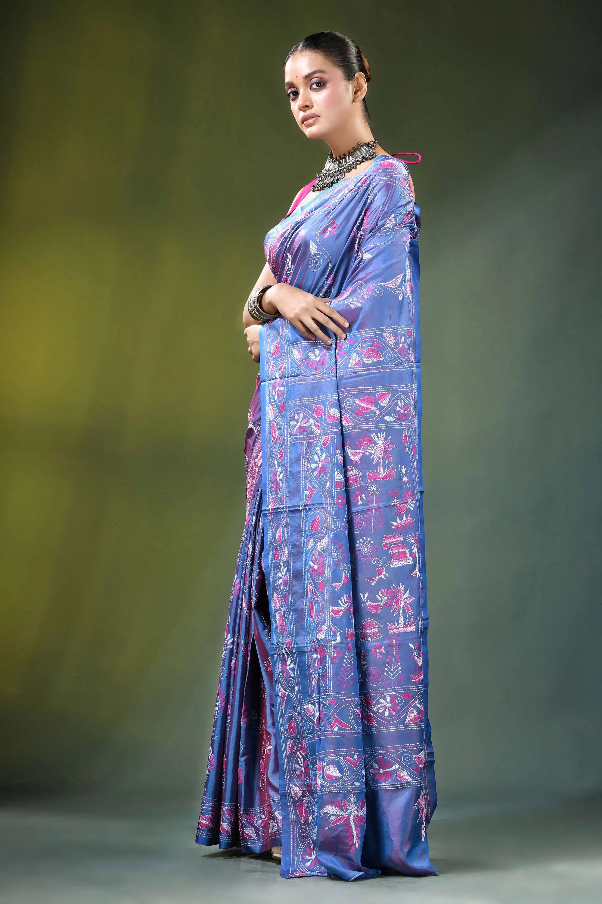 Tufts blue folk art handmade silk kantha work saree woman wears vibrant 3