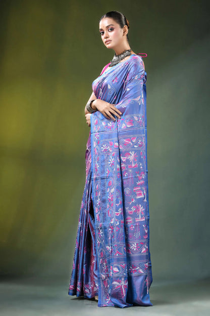 Tufts blue folk art handmade silk kantha work saree woman wears vibrant 3