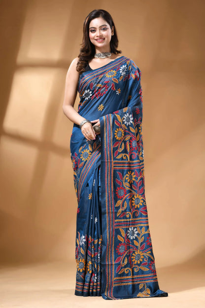 Tufts blue multi-thread floral design silk kantha work saree rich navy blue silk saree 6