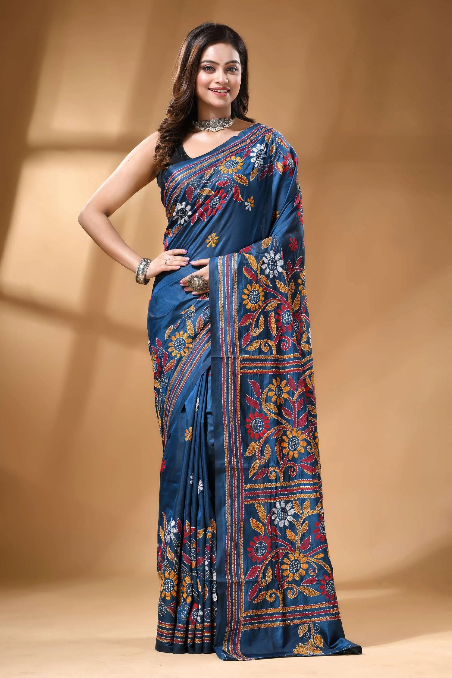 Tufts blue multi-thread floral design silk kantha work saree rich navy blue silk saree 1