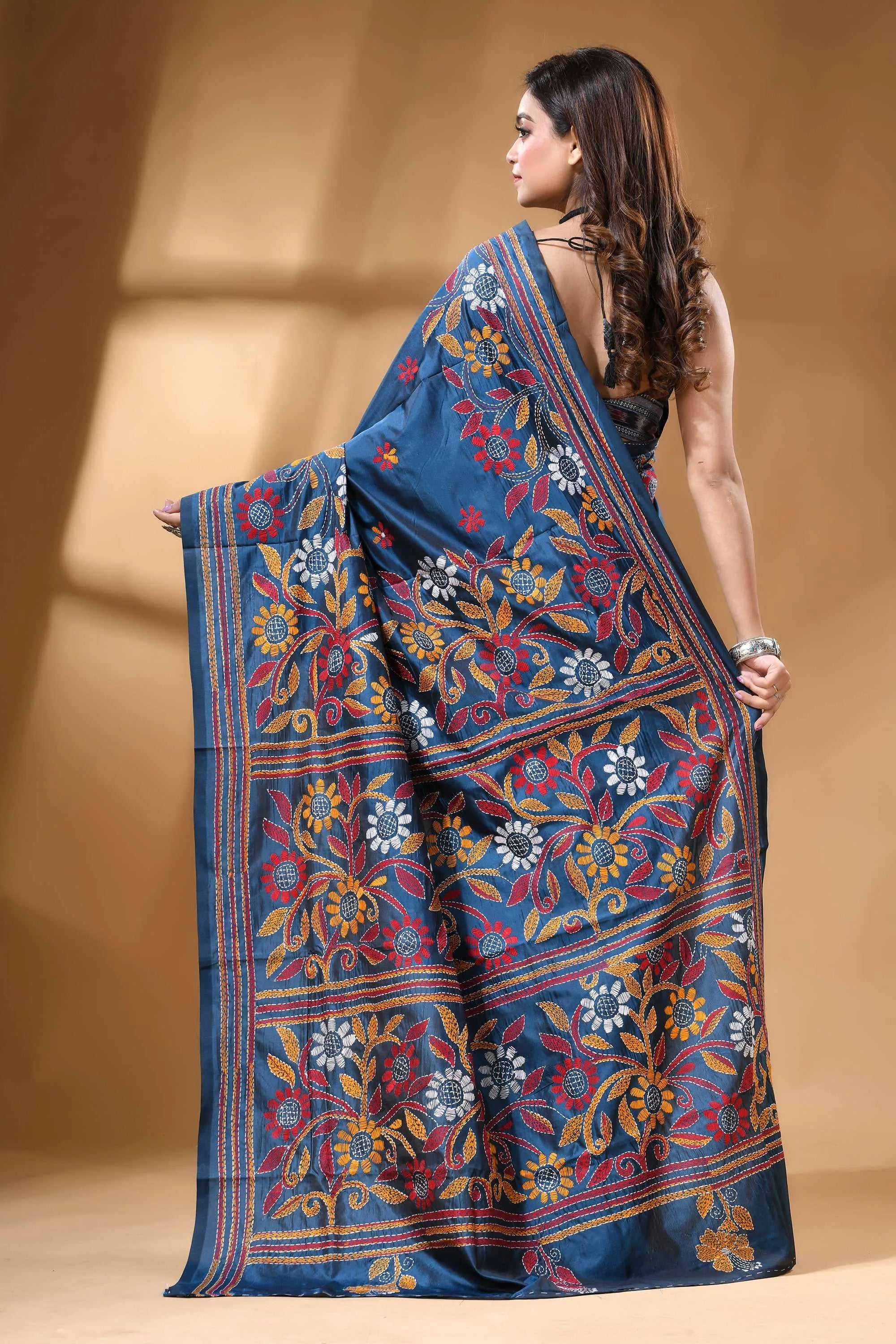 Tufts blue multi-thread floral design silk kantha work saree richly embroidered blue saree intricate 5