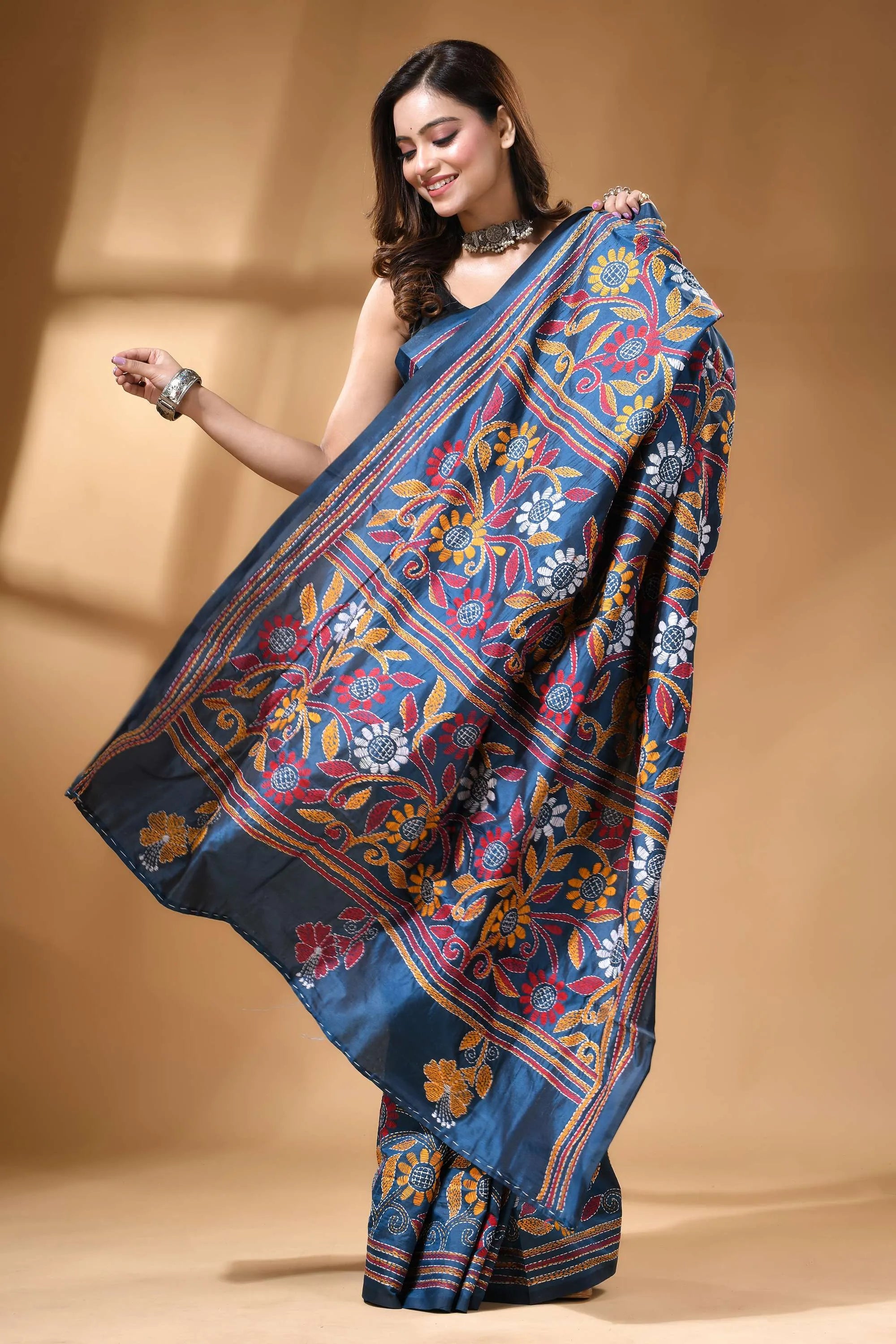 Tufts blue multi-thread floral design silk kantha work saree rich navy blue silk saree 4