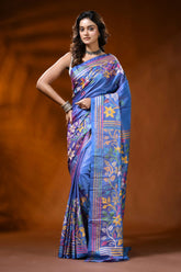 Tufts blue silk kantha stitch saree with multicolor floral design 6