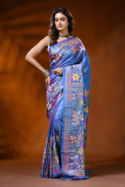 Tufts blue silk kantha stitch saree with multicolor floral design 6