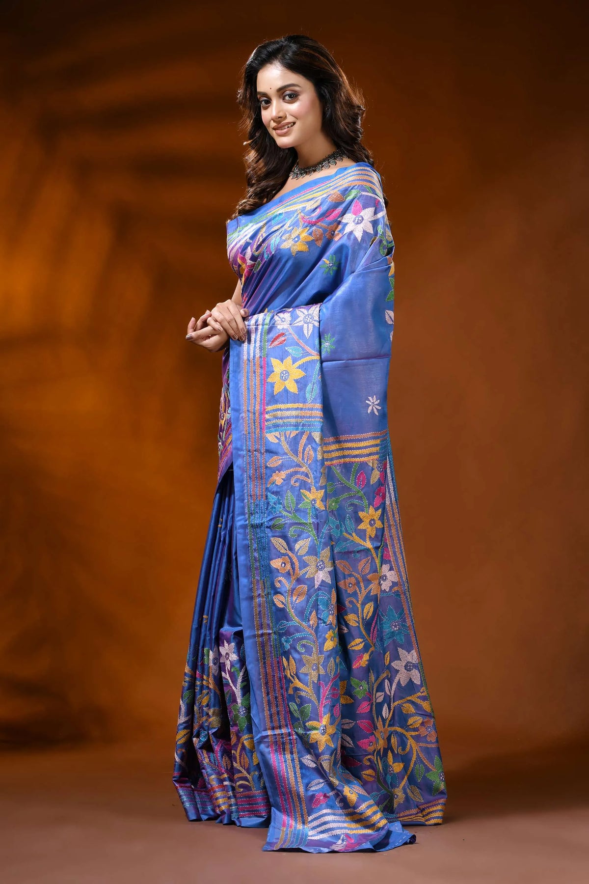 Tufts blue silk kantha stitch saree with multicolor floral design 3
