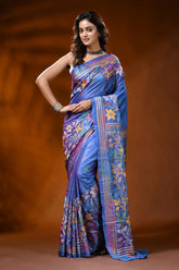 Tufts blue silk kantha stitch saree with multicolor floral design 1